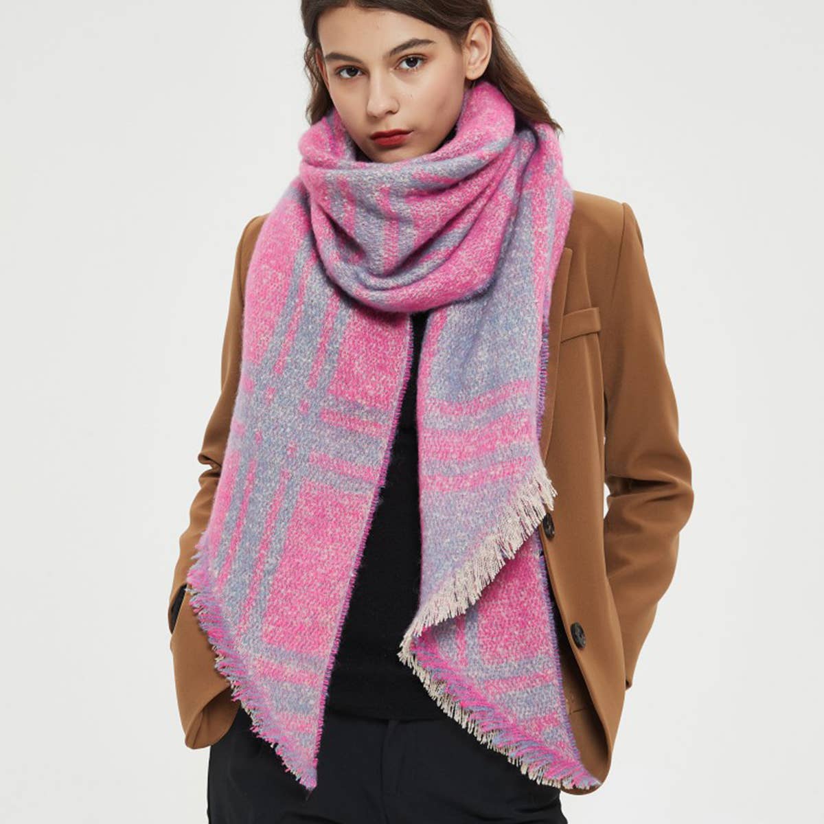 Jacquard Grid Angled Scarf ? Winter Loop Yarn Wrap