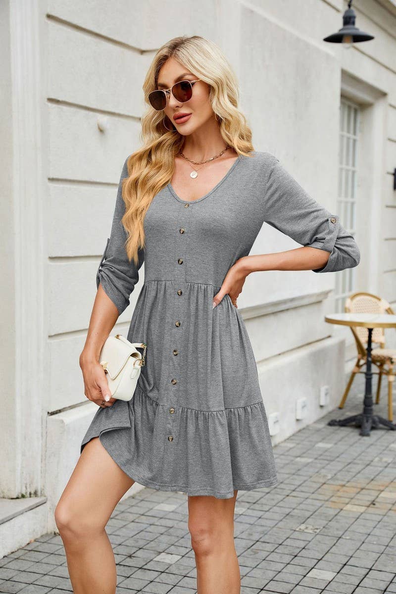 CWDSD8716_V-NECK LONG SLEEVE BUTTON FRONT LOOSE SOLID DRESS