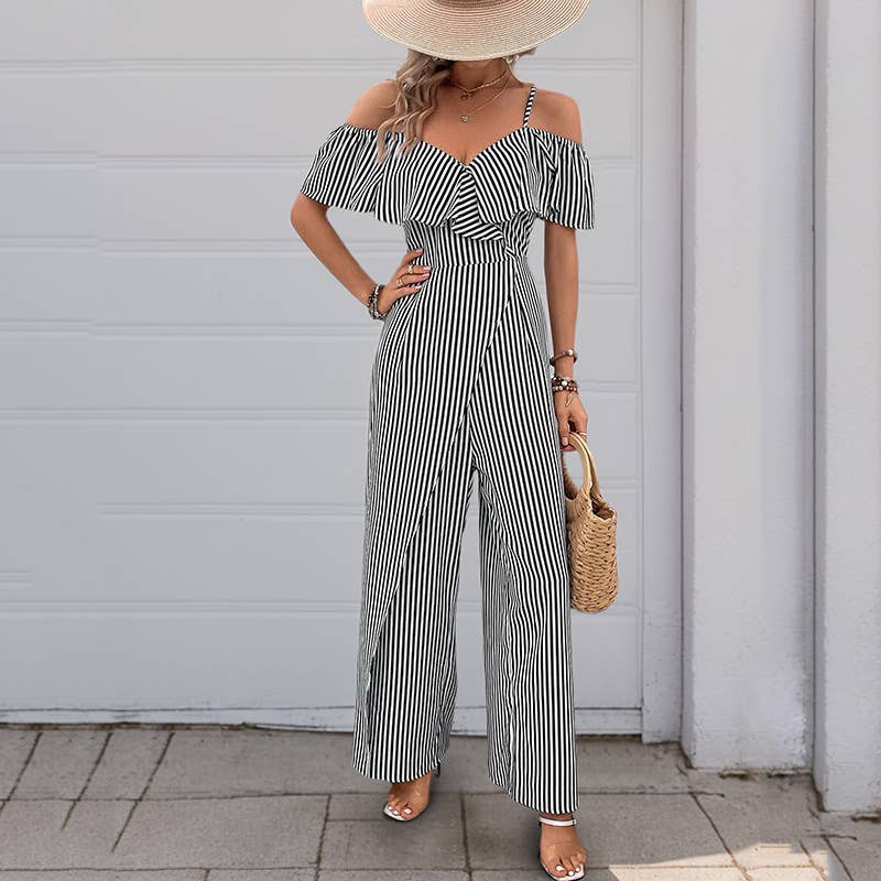 Long, wide-leg rompers with striped straps