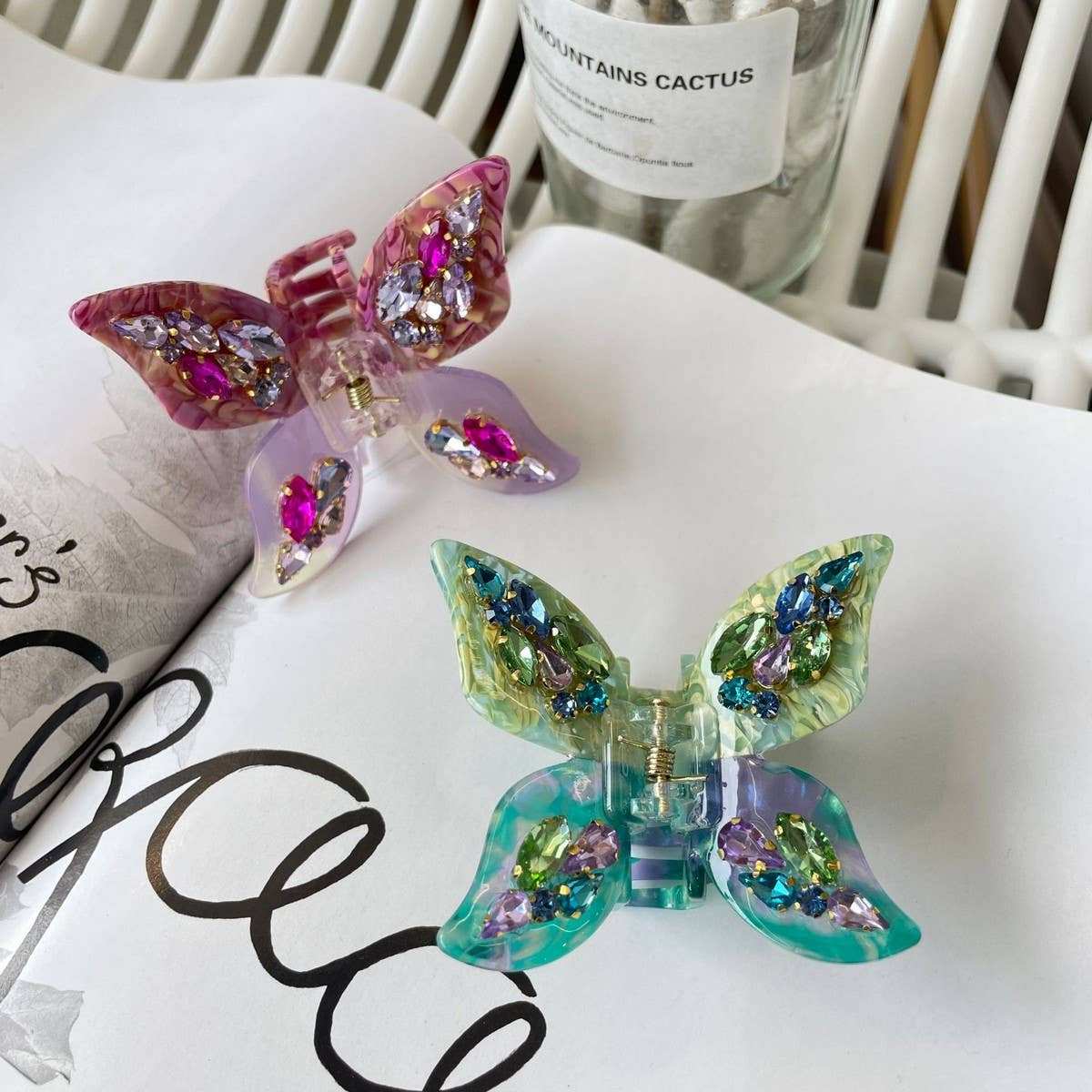 3D Butterfly Hair Claw, Rhinestone Floral Acetate _CWASC1583