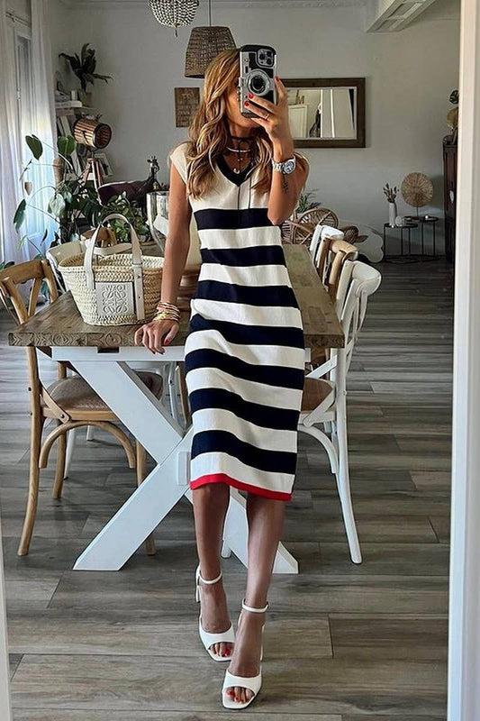 CWDMD5848_SUMMER STRIPED V-NECK HEM SLIT CASUAL LOOSE DRESS