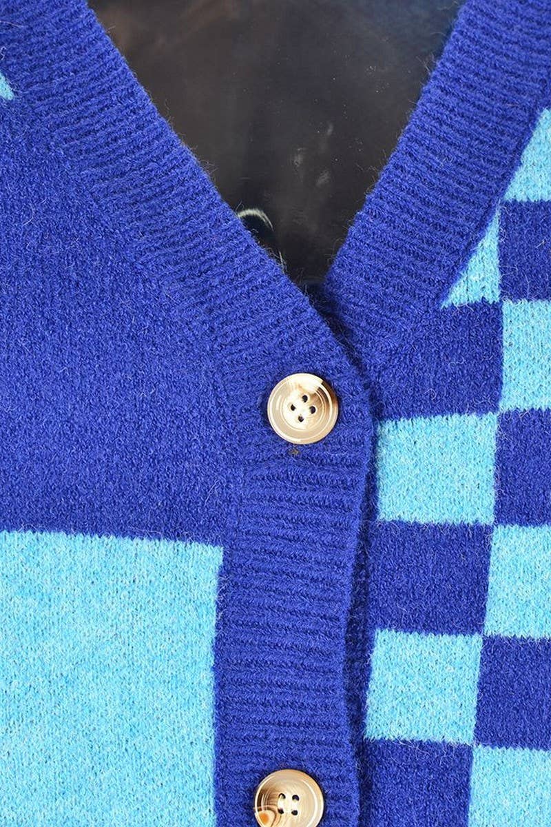 CWOCAL0925_PLAID PATCHWORK V-NECK SWEATER KNITTED JACKET