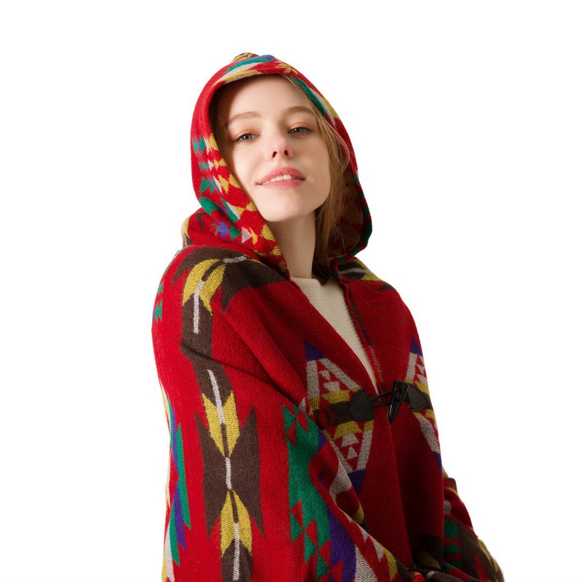 HORN BUTTON BOHEMIAN HOODED CAPE SHAWL