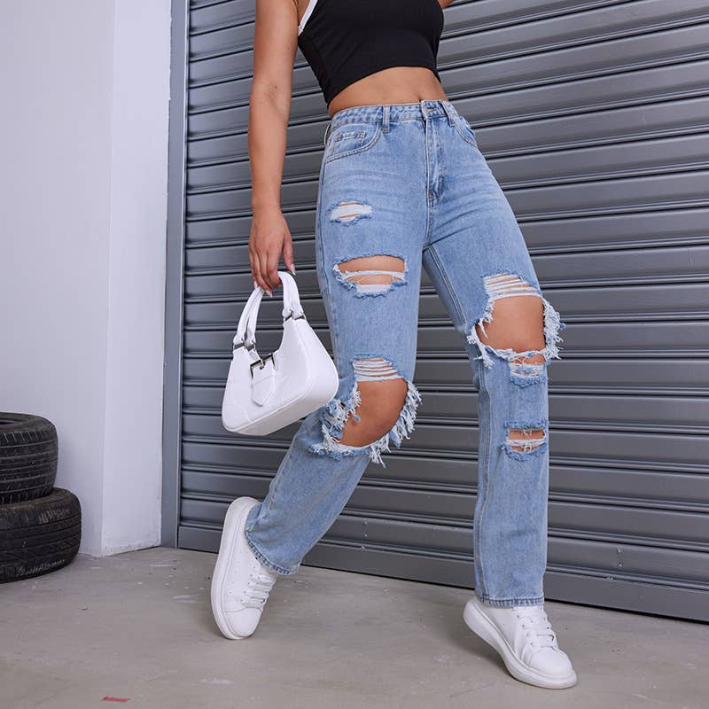 Perforated straight-leg personalized street jeans