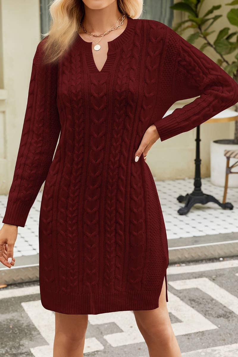 CWDTD0385_SOLID COLOR V-NECK LONG-SLEEVED SWEATER DRESS
