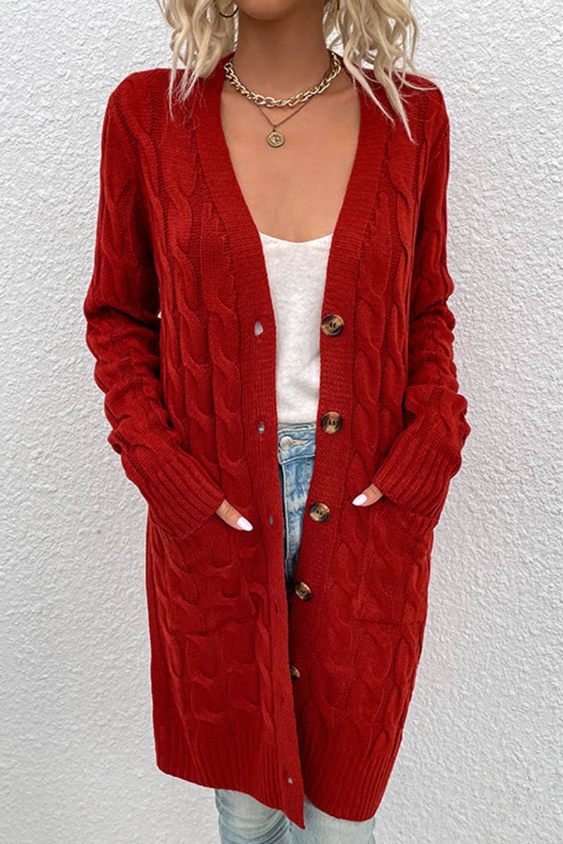 CWOCAL356 Button Down Cable Crew Neck Pullover Long Sweater