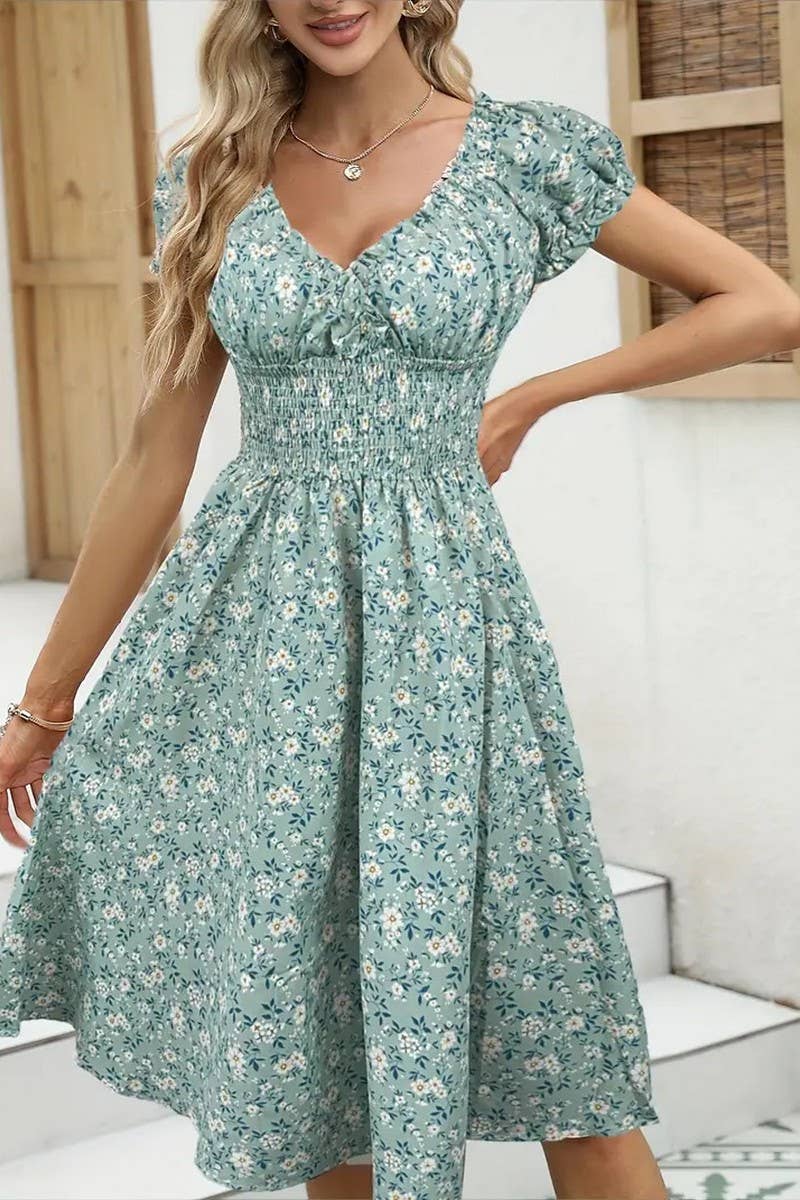 CWDMD5870_VINTAGE FLORAL PUFF SLEEVE FRENCH MIDI DRESS