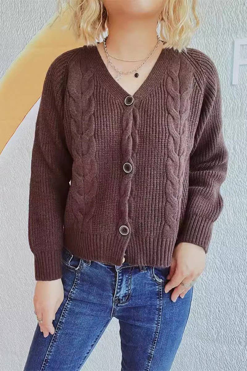 V-neck thick needle hemp flower short cardigan