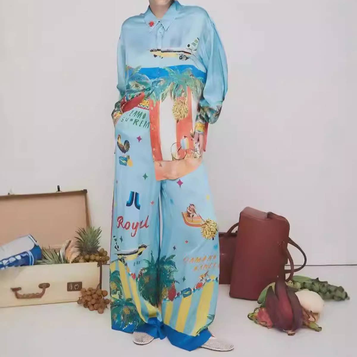 FASHION PRINTED SHIRT LONG SLEEVE PANTS SUIT