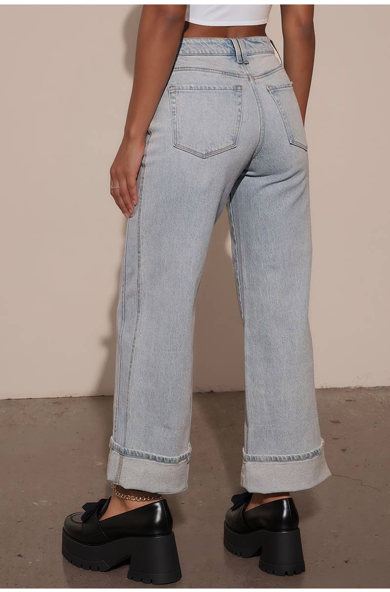 High-waisted retro fringed denim trousers
