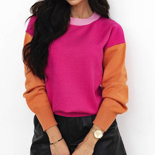 FASHION CONTRAST COLOR PATCHWORK CREWNECK SWEATER