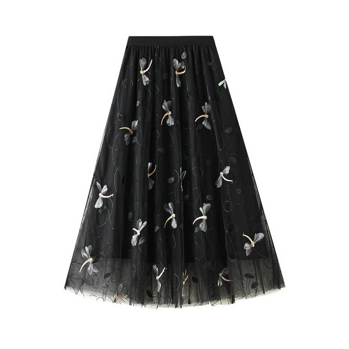 3D Dragonfly Embroidered Tulle Maxi Skirt_CWBMS0395