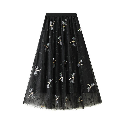 3D Dragonfly Embroidered Tulle Maxi Skirt_CWBMS0395