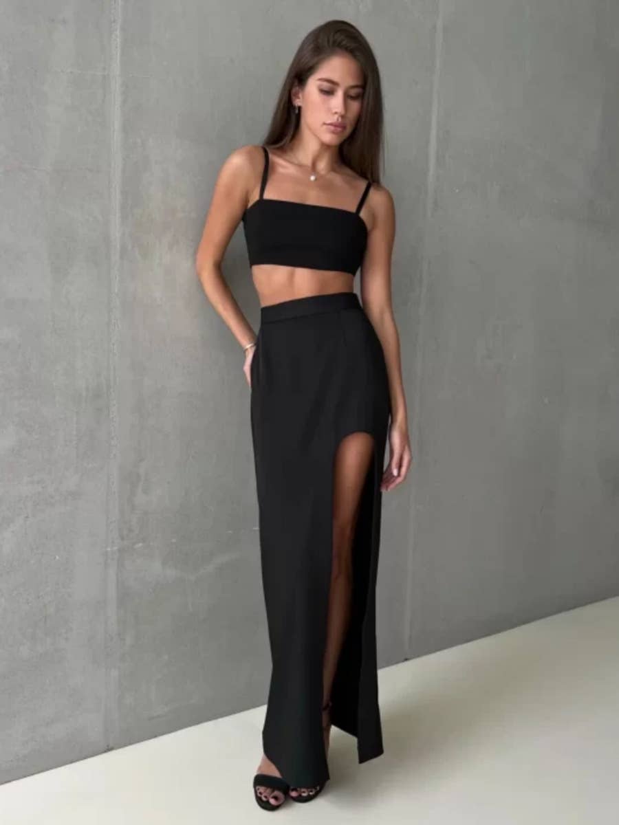Irregular high-slit solid color long skirt