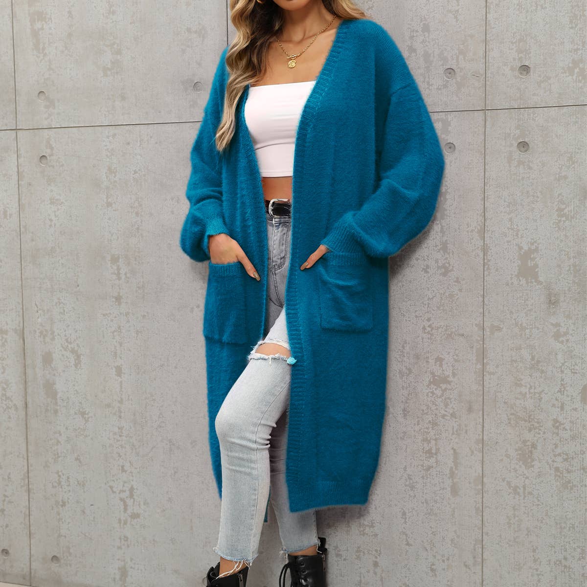 Solid color high-grade unbuttoned long cardigan