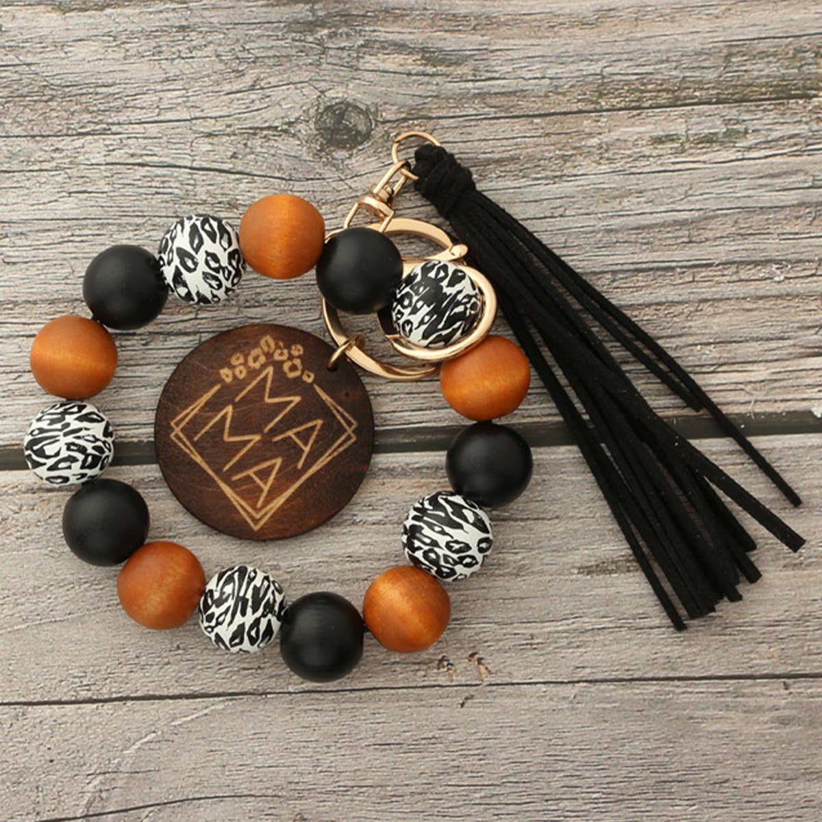 LEOPARD PATTERN WOODEN BEAD BRACELET KEYCHAIN