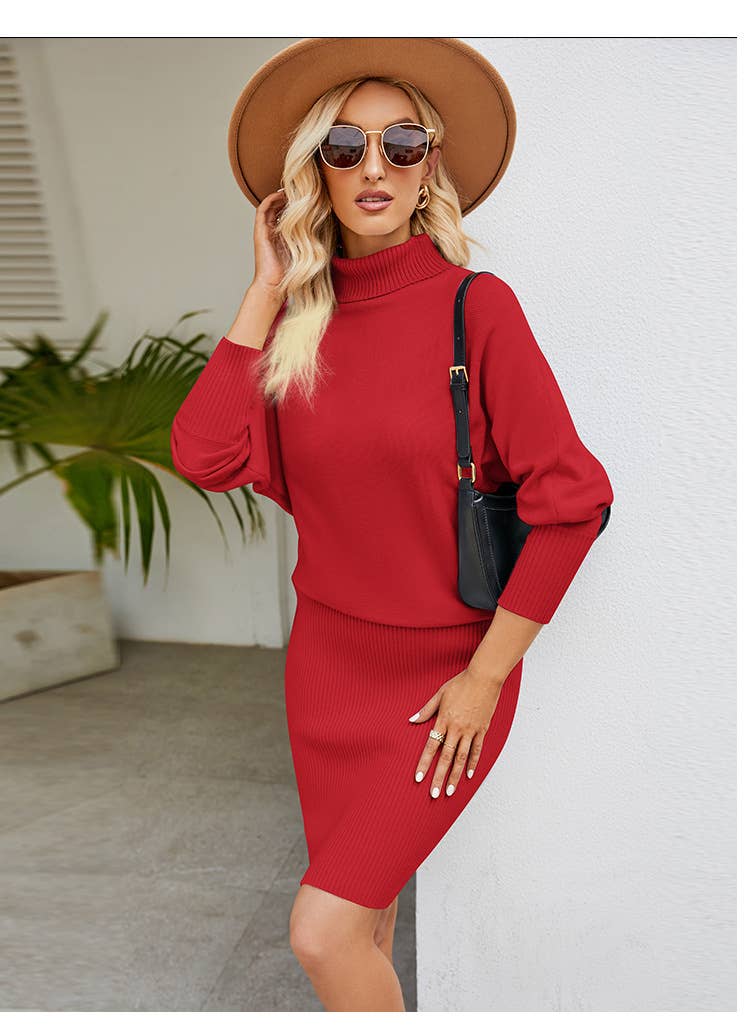 SLIM SWEATER DRESS WITH HIP WRAP AND HIGH NECK