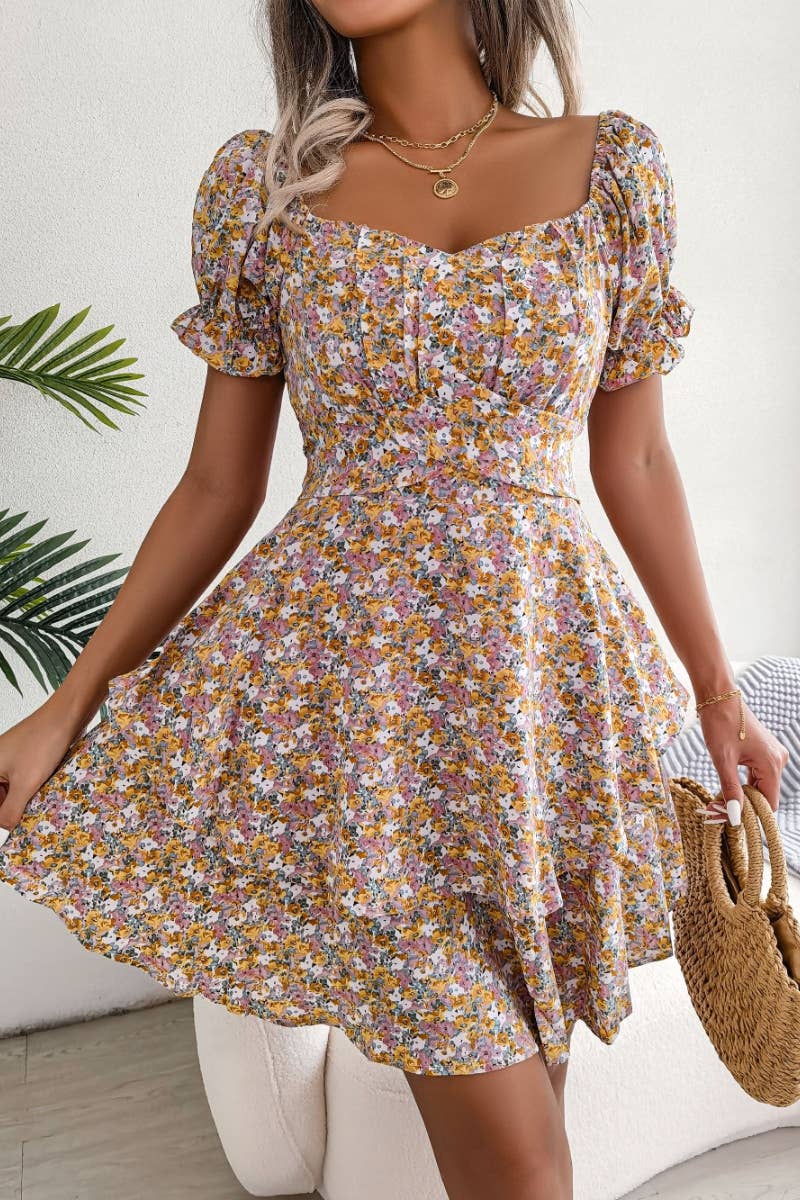 CWDSD4633_SUMMER FLORAL LACE-UP DRESS WITH WAIST SWING