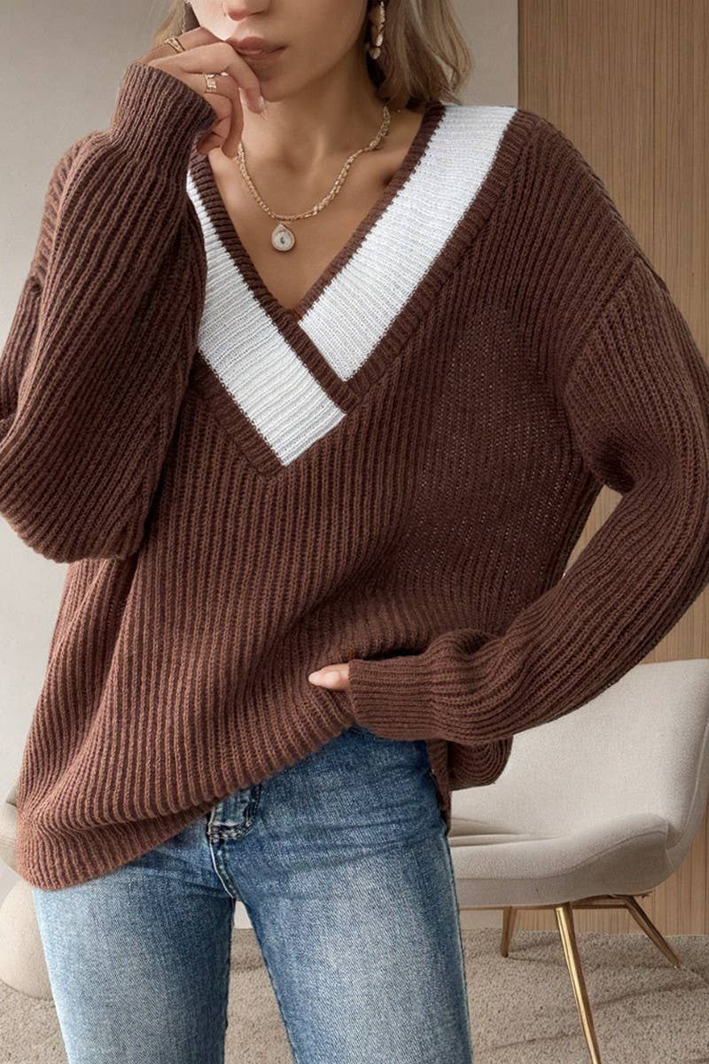 V-neck long-sleeved pullover sweater