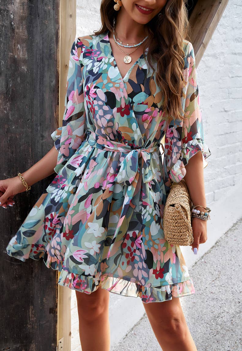 Vacation Floral Tie Waist Chiffon Short Dress