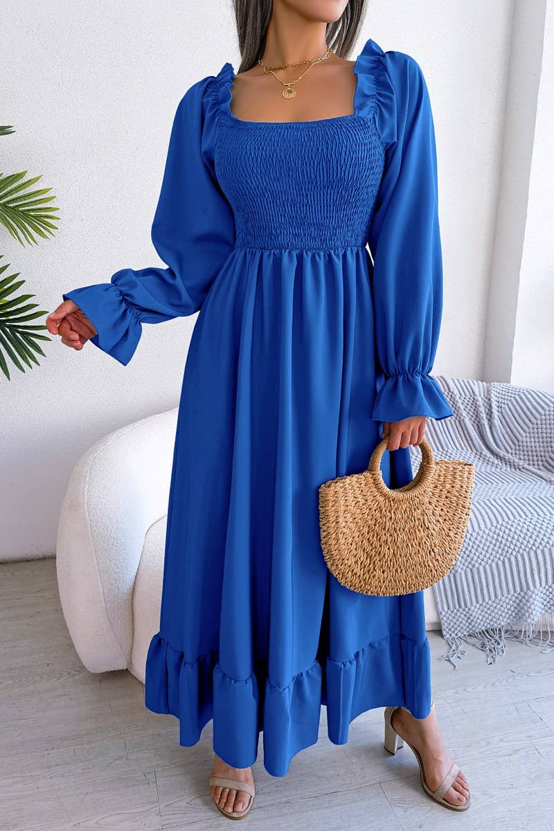 SQUARE NECK LARGE SWING FLOUNCES LONG DRESS_CWDMD1165