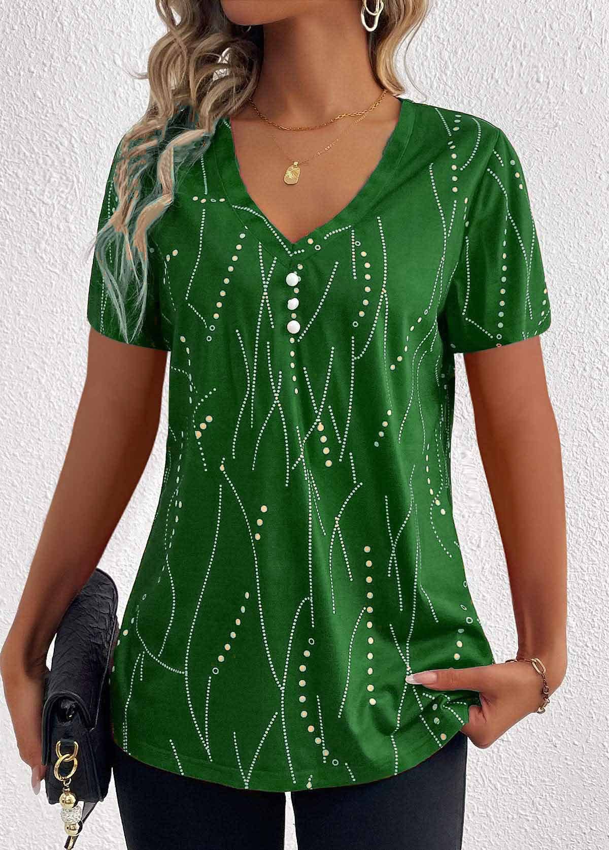 BUTTON DOT V-NECK SHORT-SLEEVED BLOUSE_CWTBLS0939