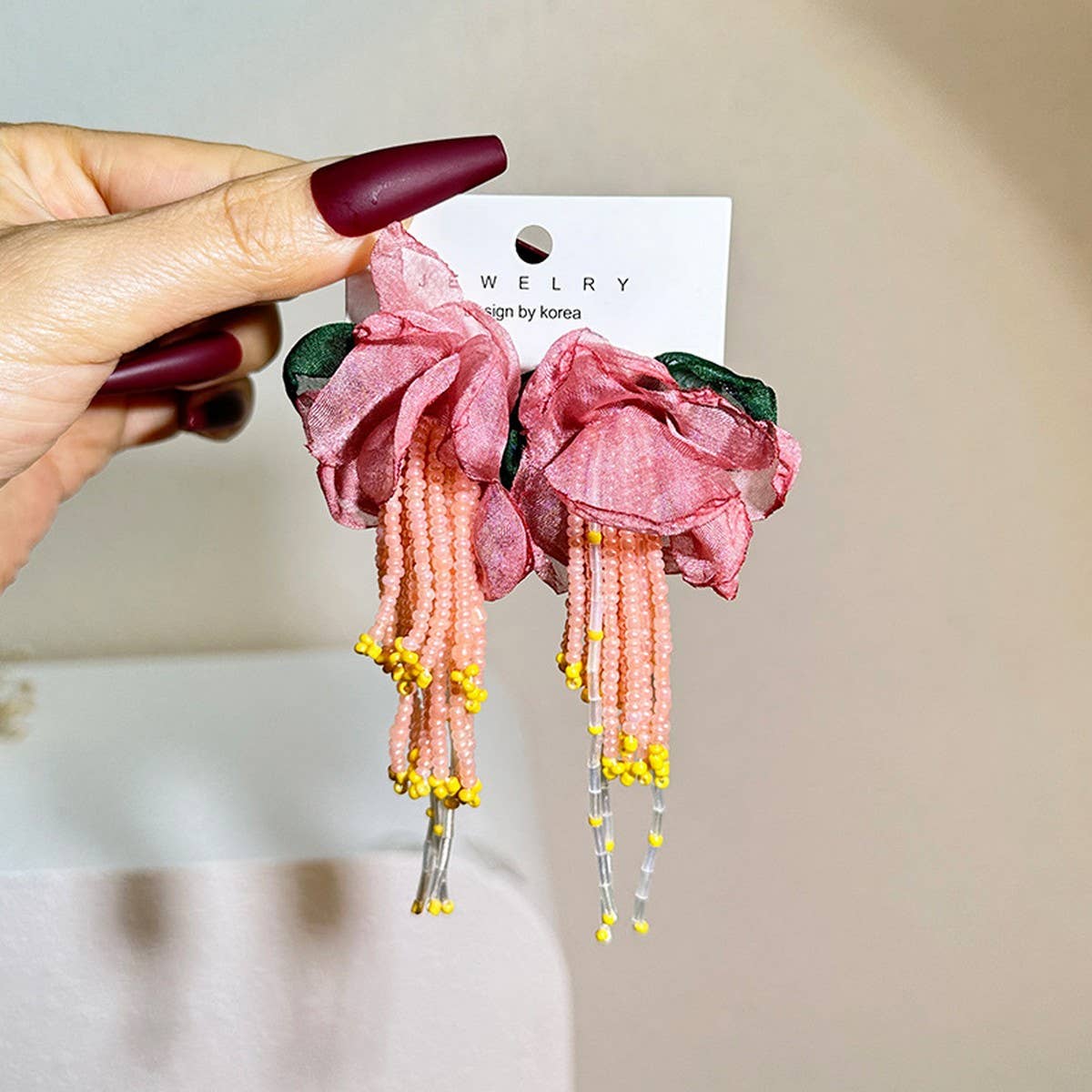 Handmade Floral Tassel Earrings Long Statement