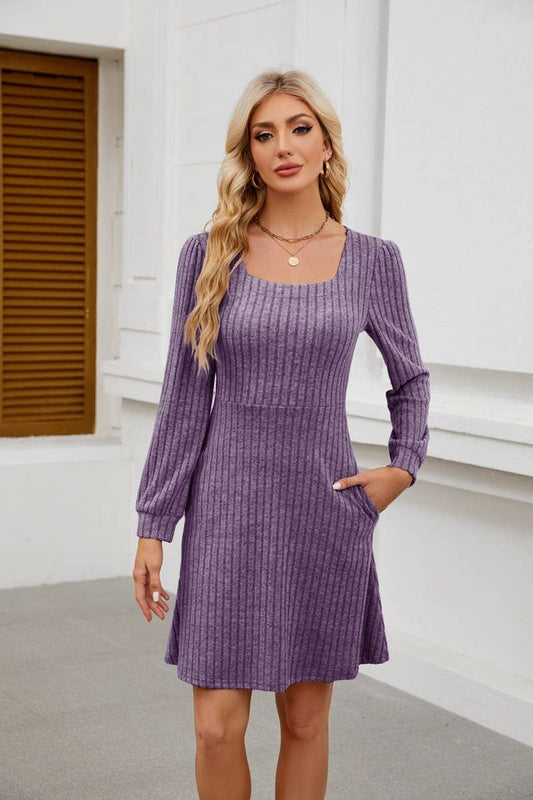 CWDSD8812_SQUARE NECK POCKET KNIT LONG SLEEVE CASUAL DRESS