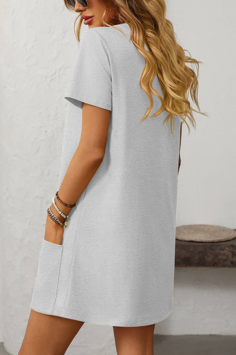 CWDSD7257_SOLID COLOR SQUARE NECK POCKET SHORT SLEEVE DRESS