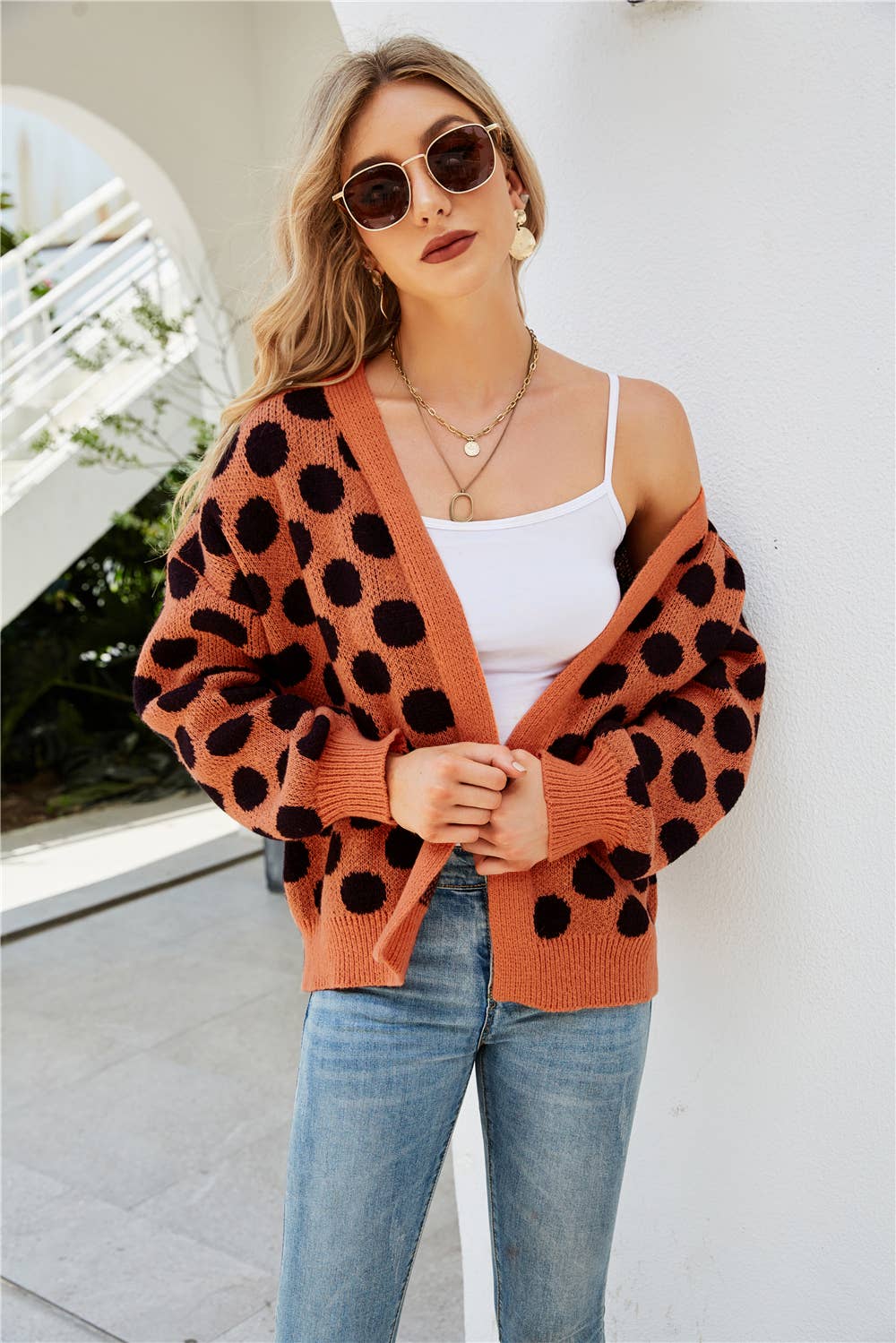 Single breasted polka-dot loose knit cardigan coat
