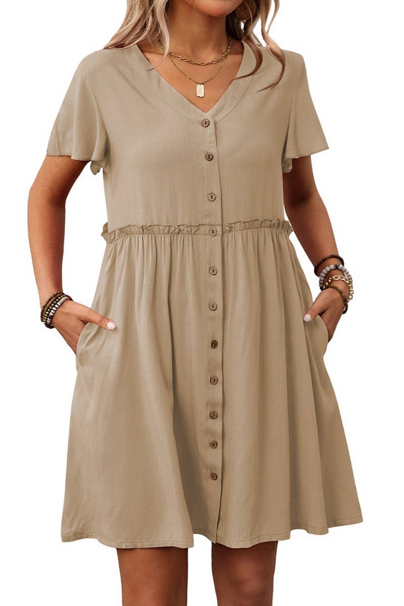 CWDSD7262_BOHEMIAN V-NECK SHORT-SLEEVED RUFFLE DRESS