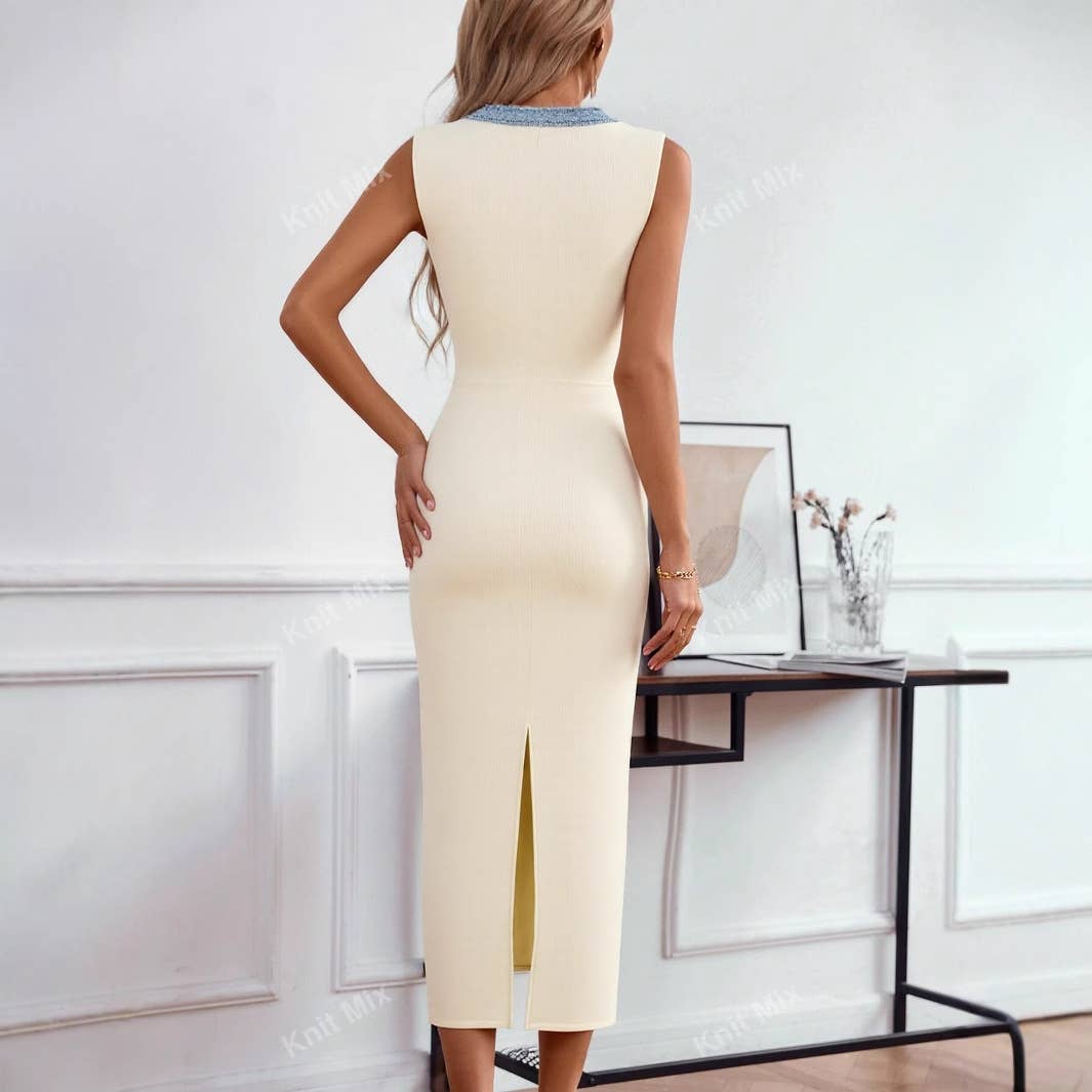 Knitted fine-textured sleeveless V-neck dress