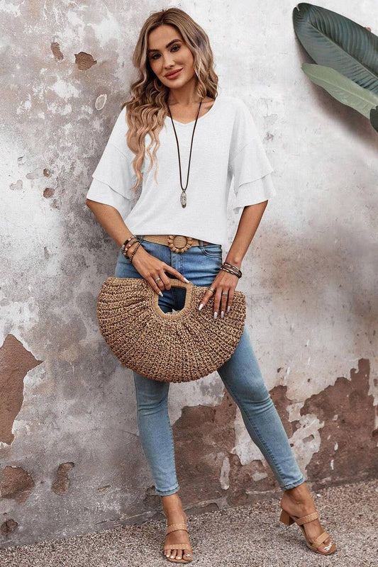 Cwtbls1614_Solid Color V-Neck Double-Layer Sleeve T-Shirt