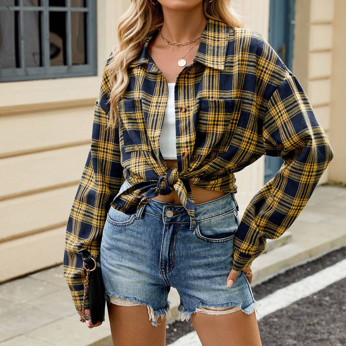 Lapel brushed striped long-sleeved plaid shirt