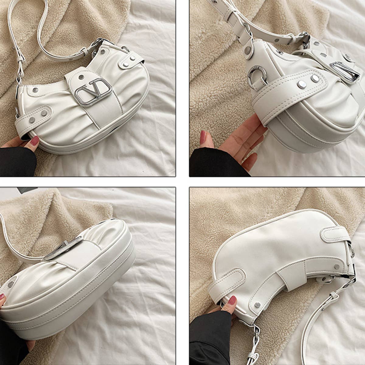 FASHIONABLE V PLEATED STUDDED SHOULDER BAG_CWAB1578