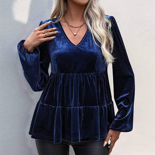 STYLISH VELVET PULLOVER WITH RUFFLED V-NECK