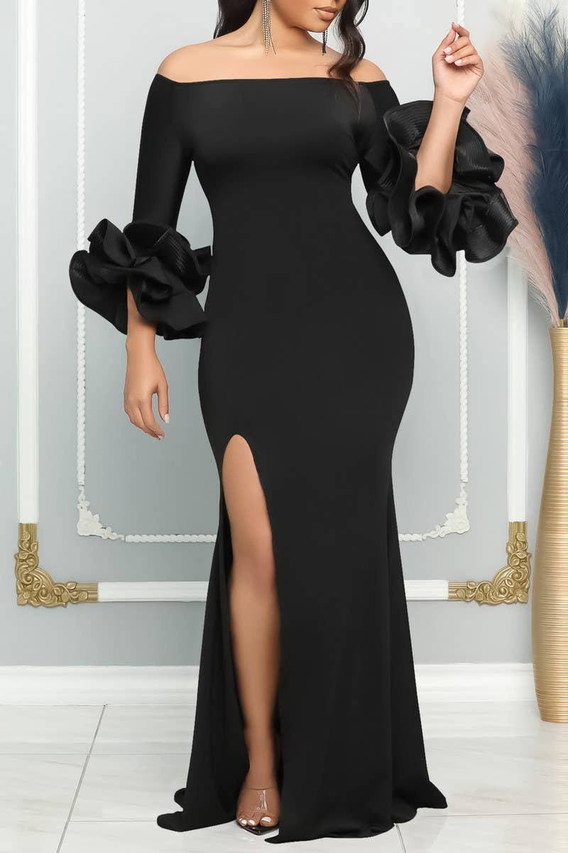 CWDMD1729_ONE SHOULDER SLIT RUFFLE SLEEVE EVENING MAXI DRESS