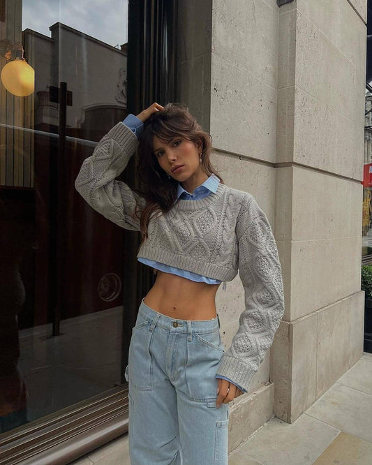 WEAR TWIST KNIT CREW NECK PULLOVER SHORT SWEATER