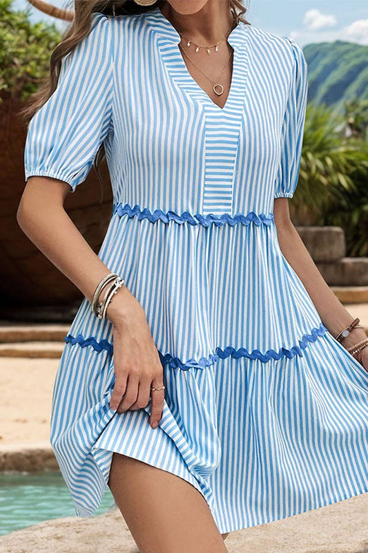 CWDSD4283_VERTICAL STRIPED STAND COLLAR LACE DRESS