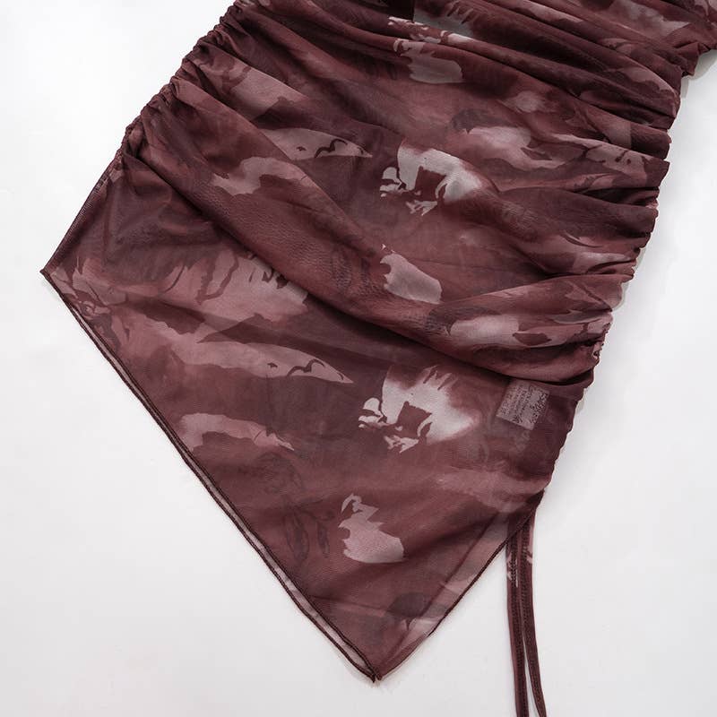 PRINTED PLEATED BODICE SLIM SPLIT SHORT DRESS