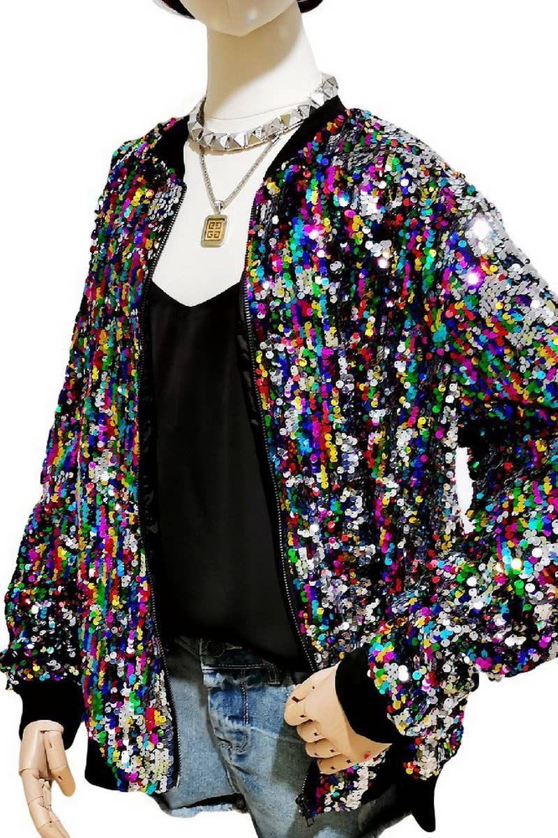 CWOCO1132_COLORFUL SEQUIN ZIPPER BASEBALL JACKET