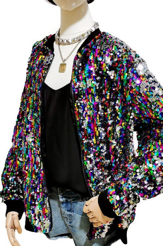 CWOCO1132_COLORFUL SEQUIN ZIPPER BASEBALL JACKET