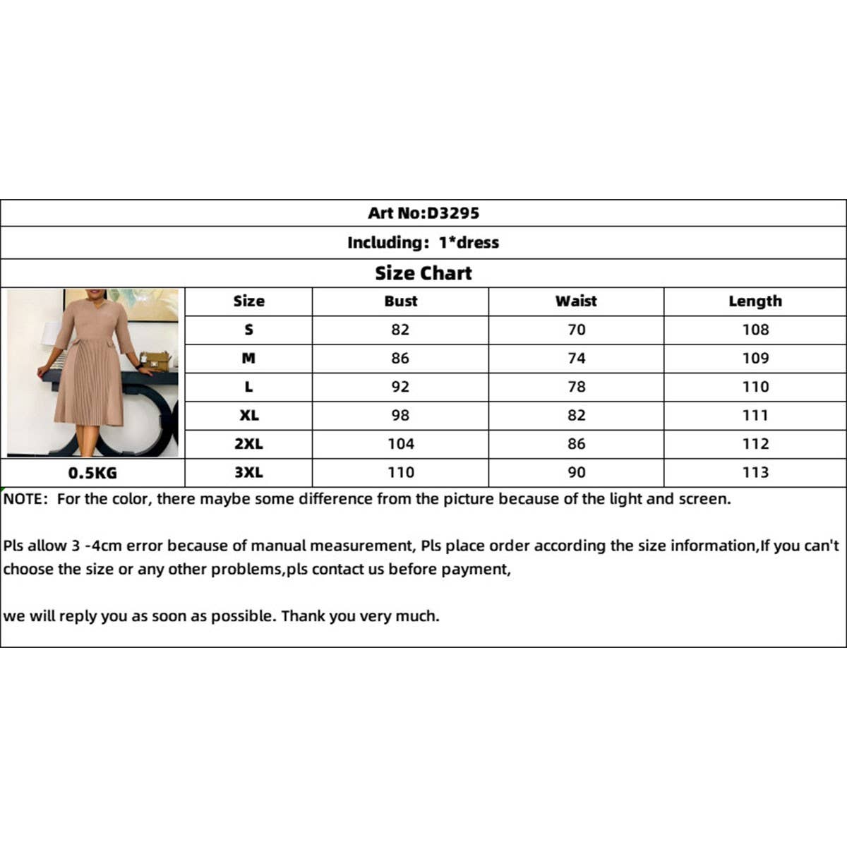 OVERSIZED PLEATED THREE-QUARTER SLEEVE DRESS_CWDSD6088