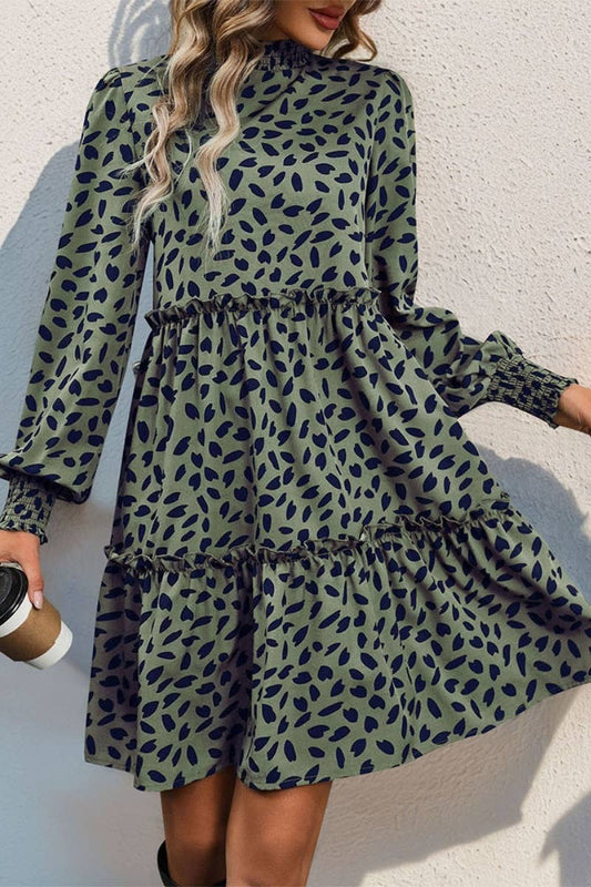 CWDSD6519_CHOKER LONG SLEEVE LEOPARD PRINT WAIST DRESS