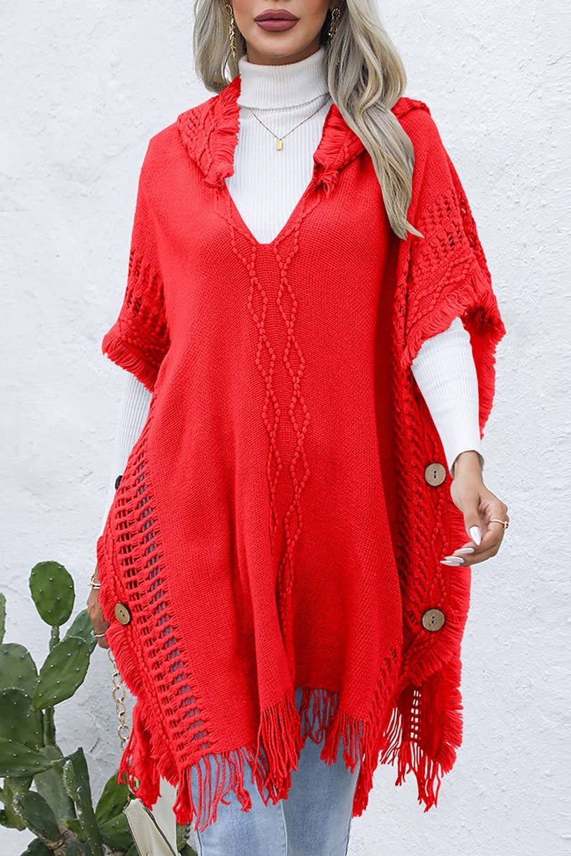 CWOSWL6438_V-NECK FRINGED HOODED MID-LENGTH CAPE KNITTED TOP