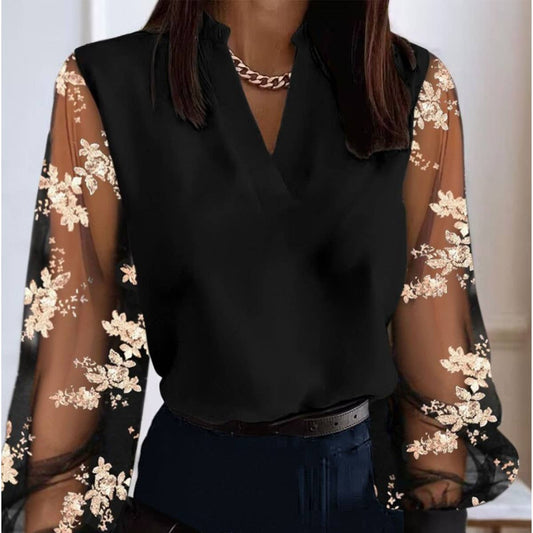 STYLISH V-NECK LACE PATCHWORK BAGGY SHIRT