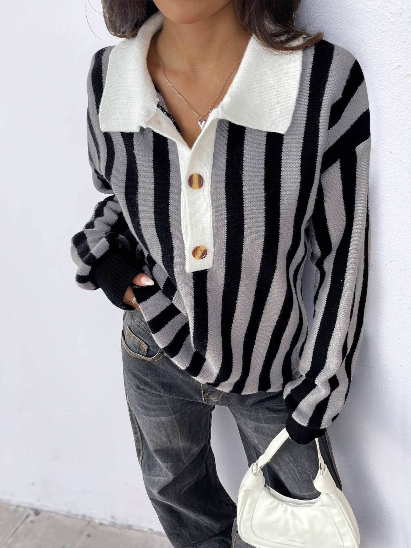 Vertical striped lapel pullover knitted sweater