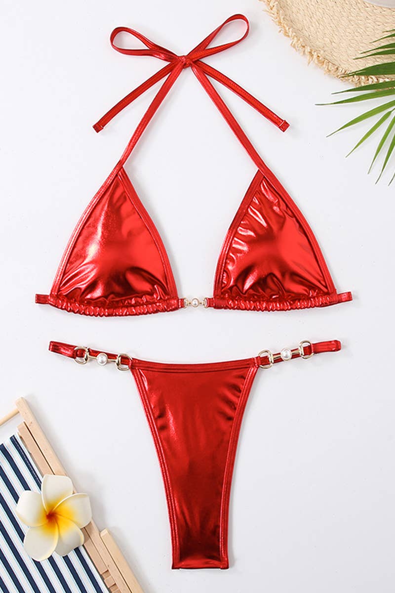 CWMW0799_WOMEN'S TWO-PIECE SHINY SWIMSUIT