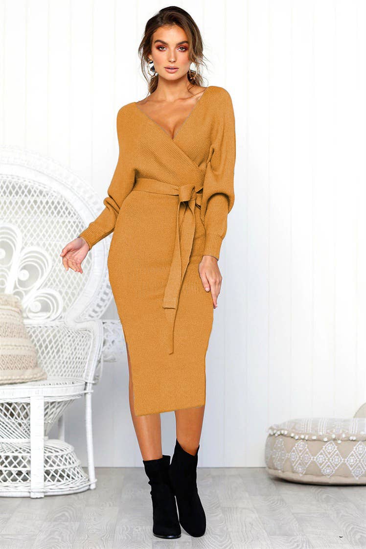SEXY V-NECK LACE-UP LONG-SLEEVED DRESS