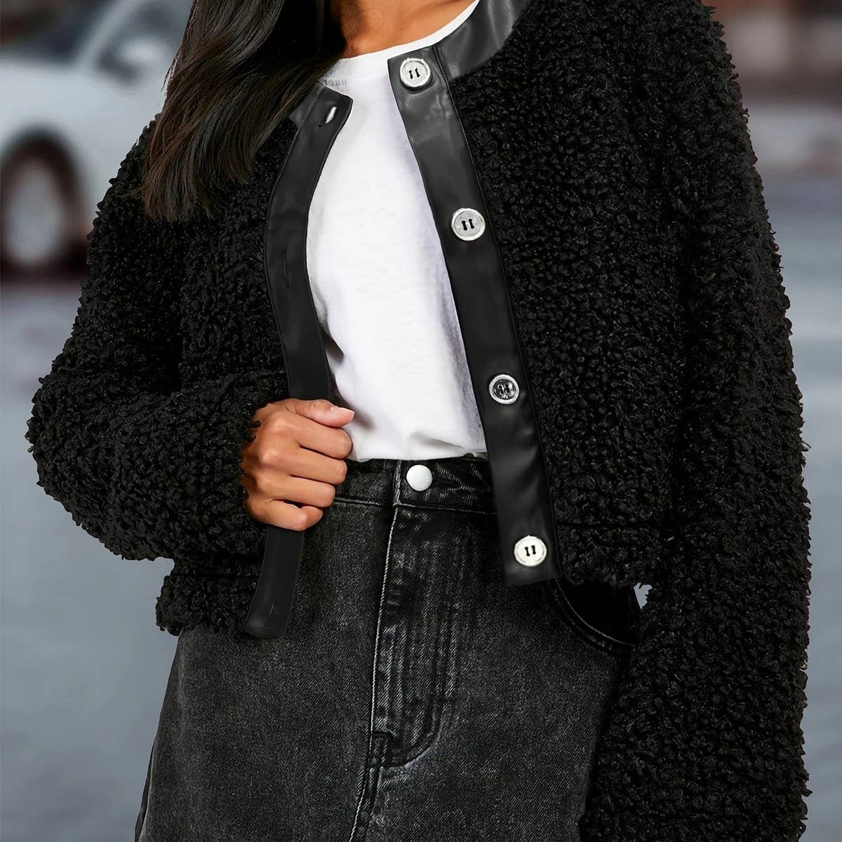 Faux fur crew neck short long-sleeved jacket